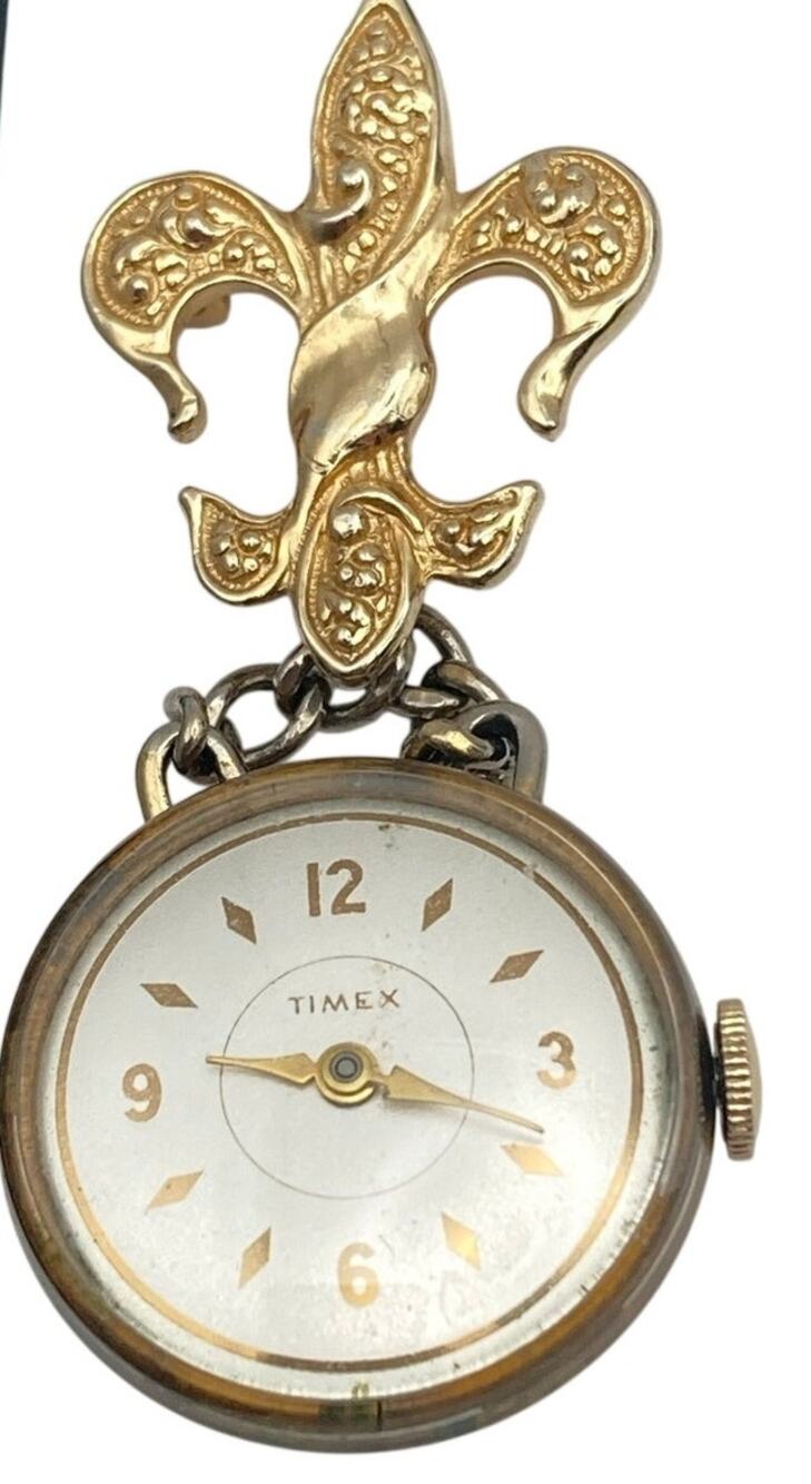 VTG Timex Swing A Ling Brooch Mechanical Watch 27mm Fleur-de-lis Brooch Works